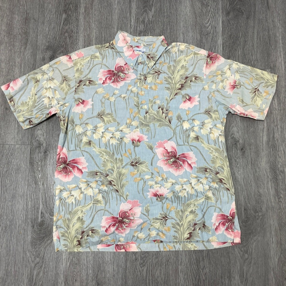 Reyn Spooner Button Down Shirt Mens XXL Blue Floral Cotton Hawaiian Cuban Cigar
